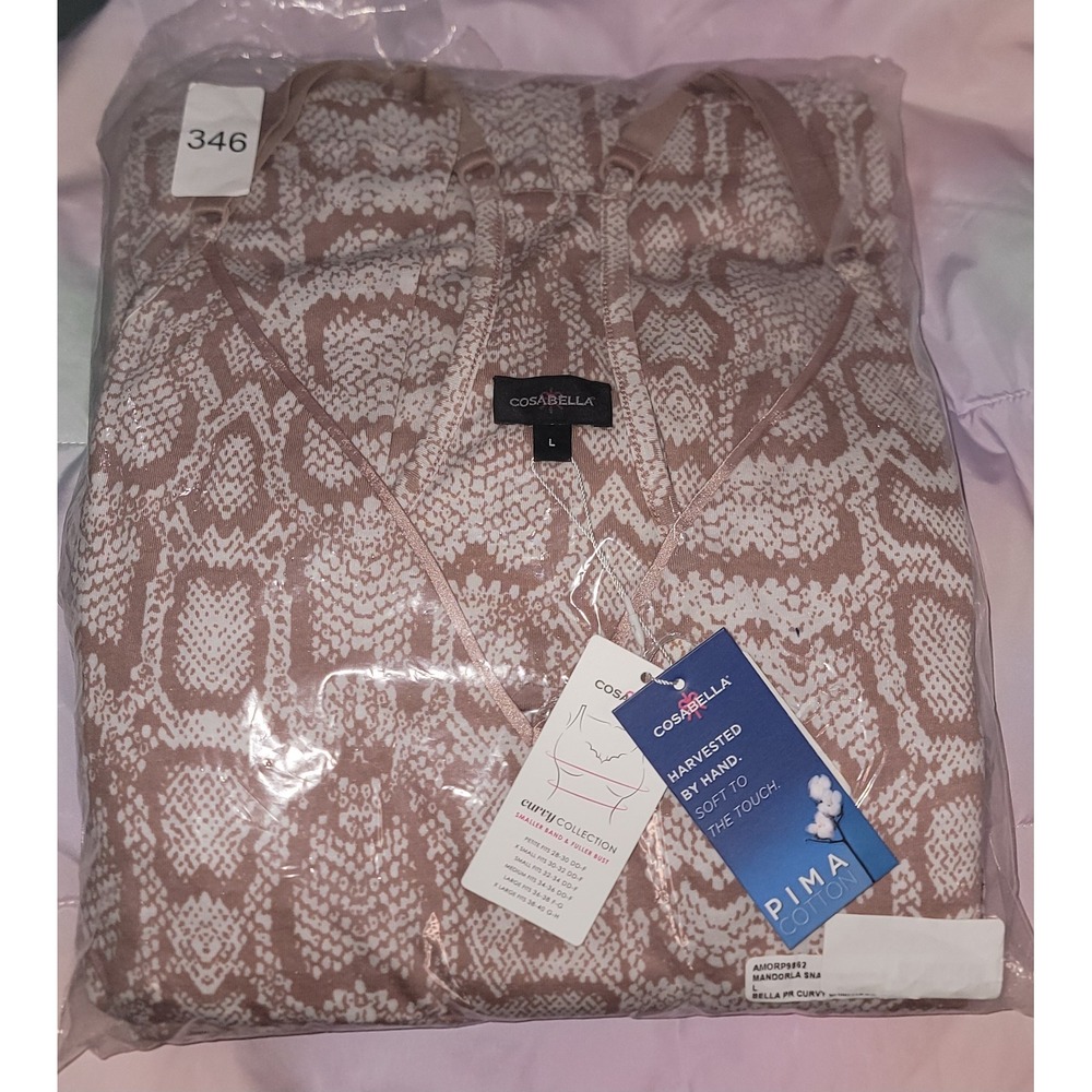 Cosabella Bella Curvy 3 Piece Pajama Set Pima Cotton Snake Print Mandorla L NEW - Picture 6 of 7